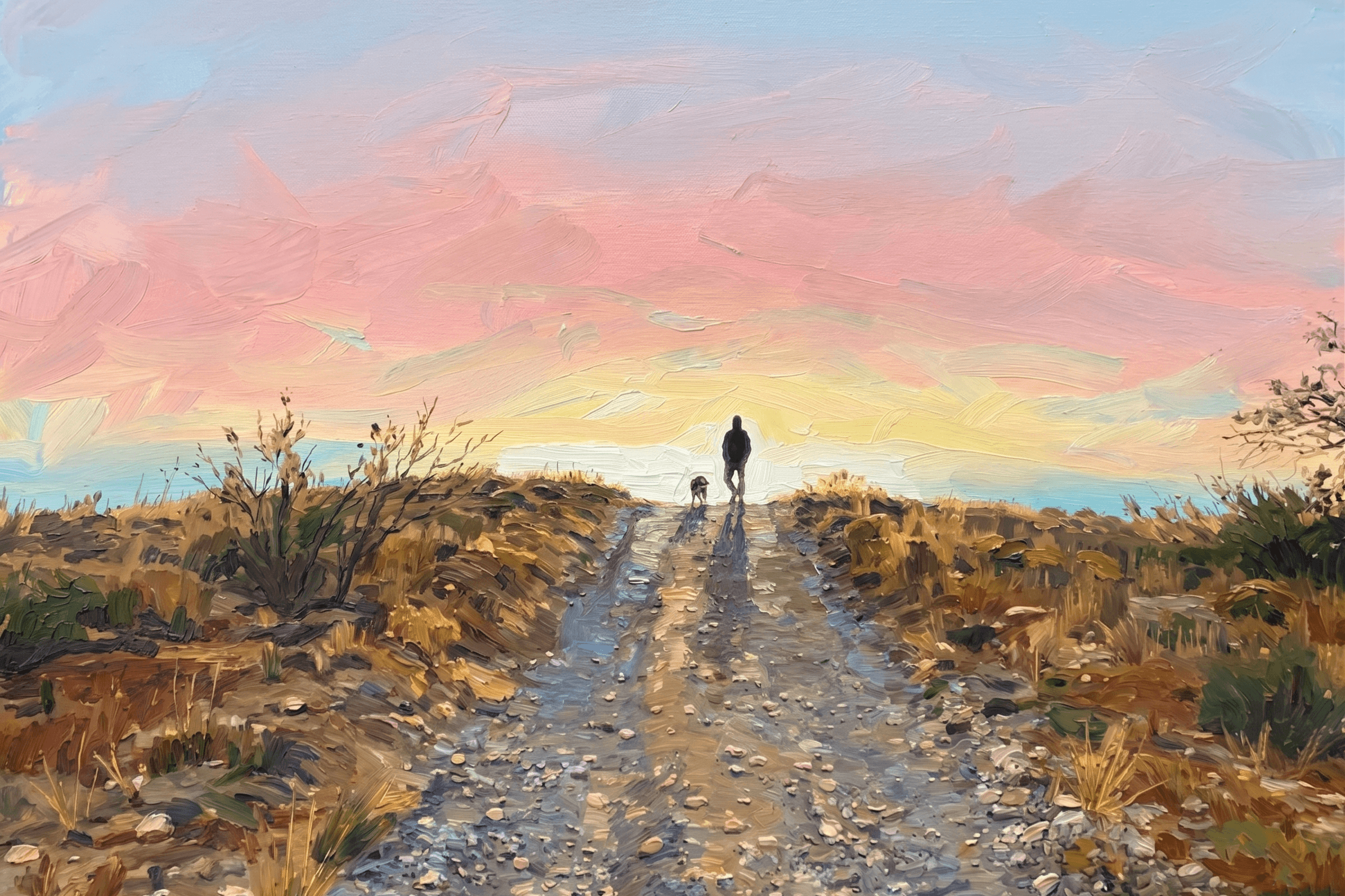 Young walking with Kermit toward a desert sunrise