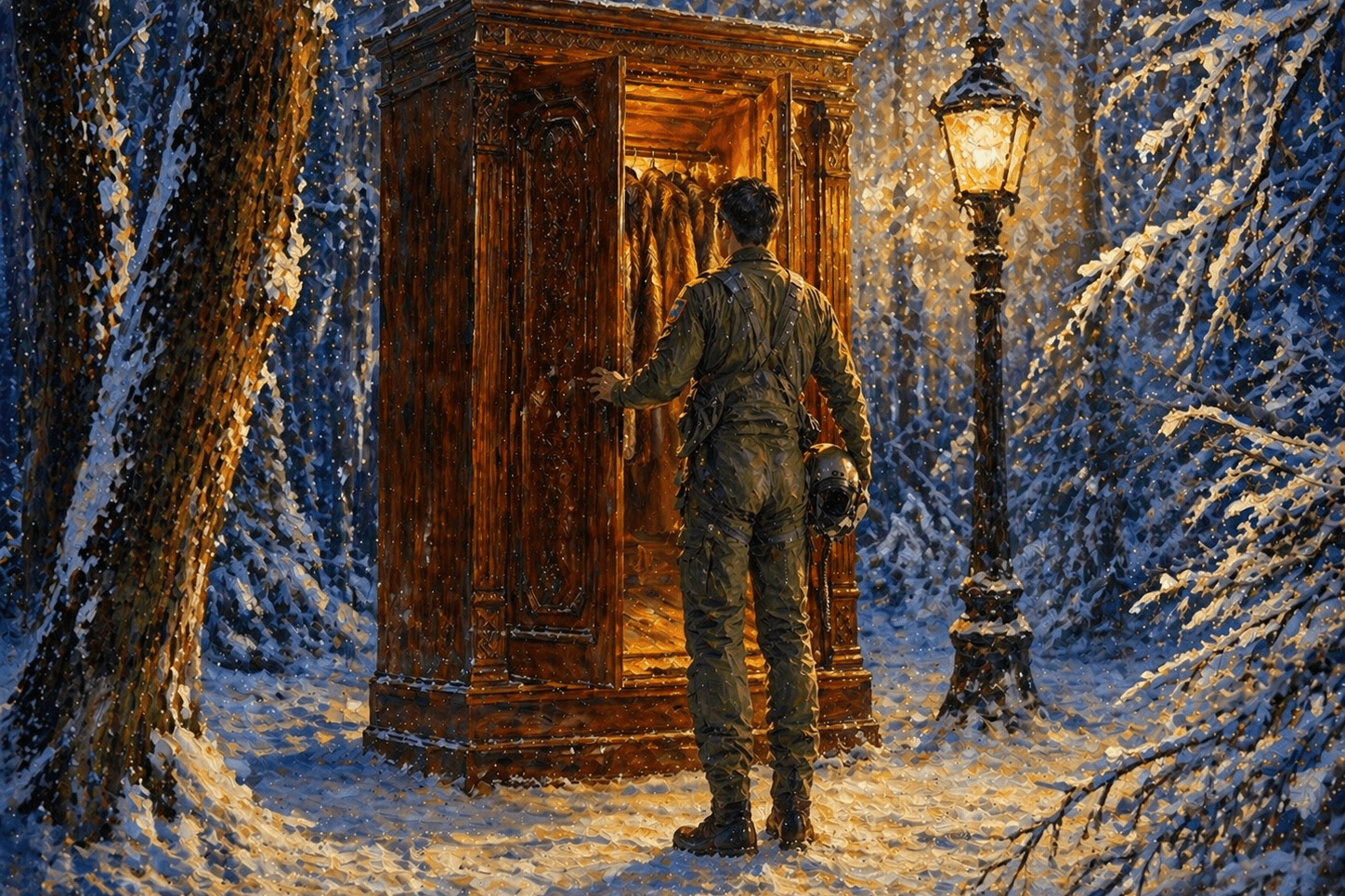 A pilot at a glowing wardrobe in a snowy forest